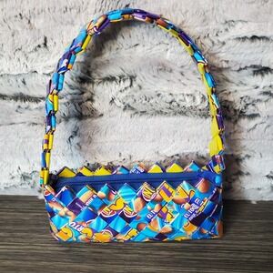 Y2K Recycled Candy Wrapper Baguette Style Mini Zipper Purse Blue Yellow KITSCHY